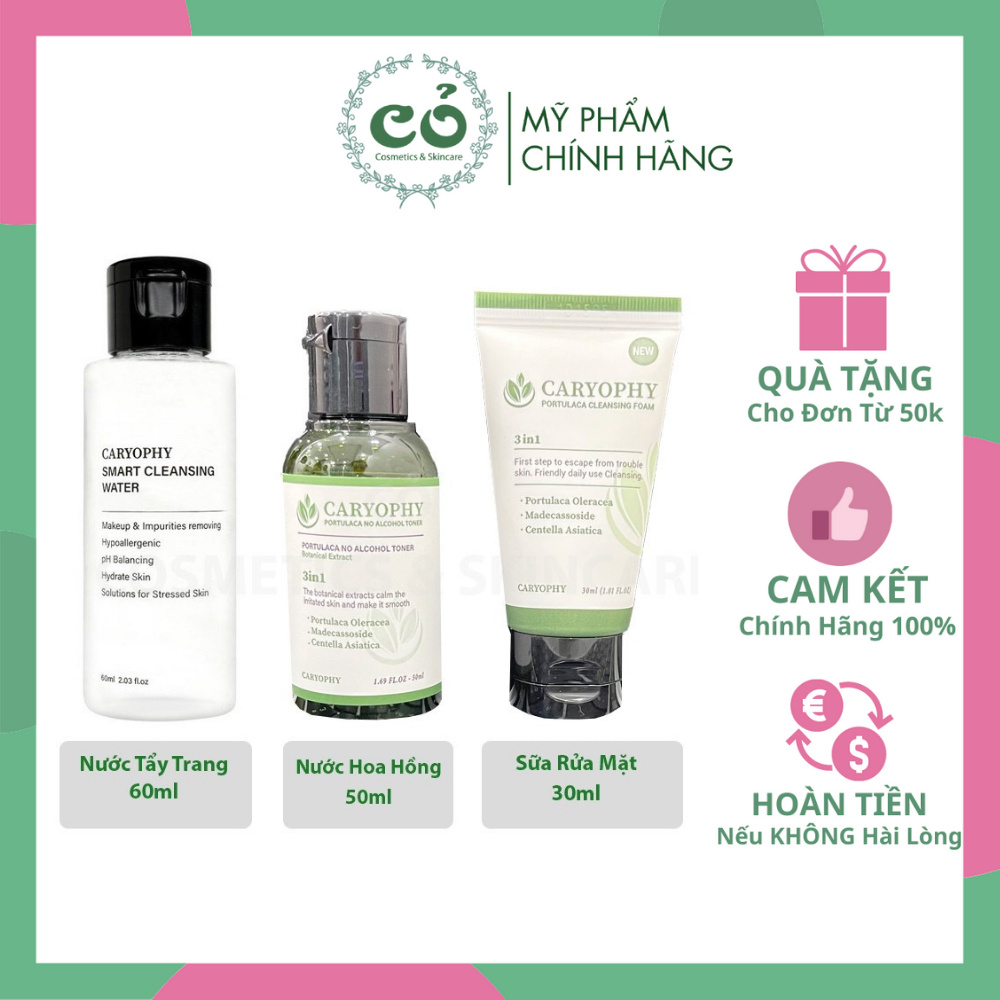 Combo dưỡng da giảm mụn, mờ thâm Caryophy ( Sữa rửa mặt 30ml + Toner 50ml + Tẩy trang 60ml)