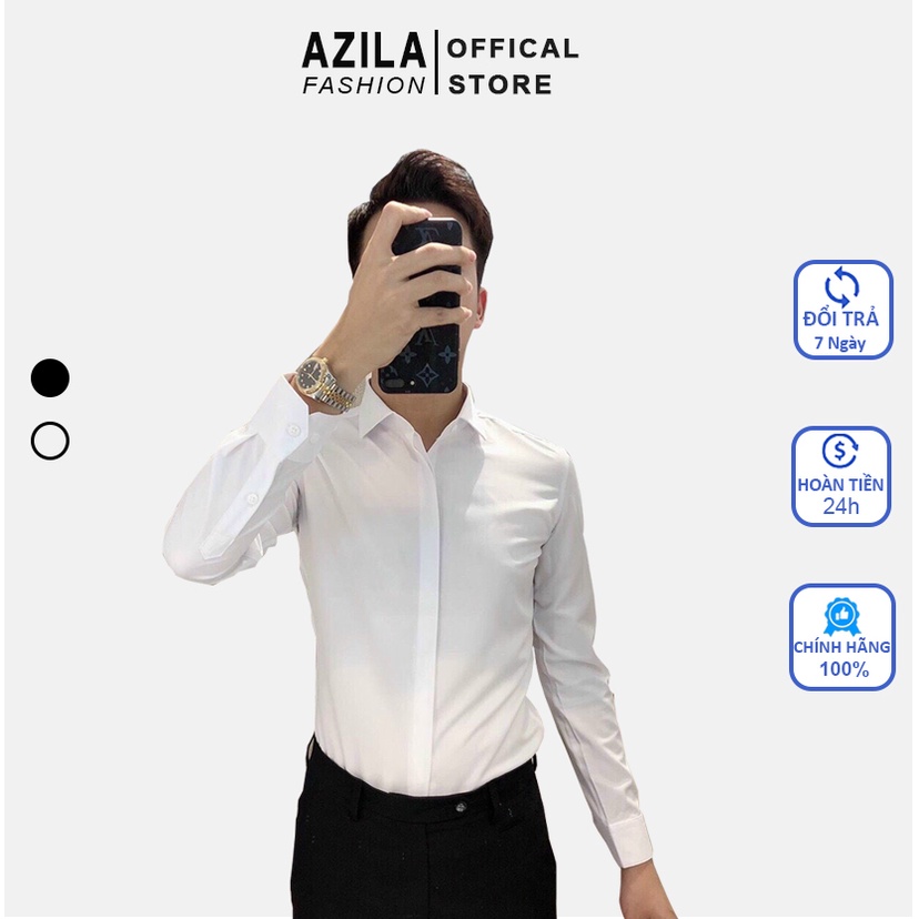 Áo Sơ Mi Nam Azila Dài Tay Công Sở Cao Cấp, Chất Vải Lụa Nến Co Giãn Hàng Hôp Cổ Cứng