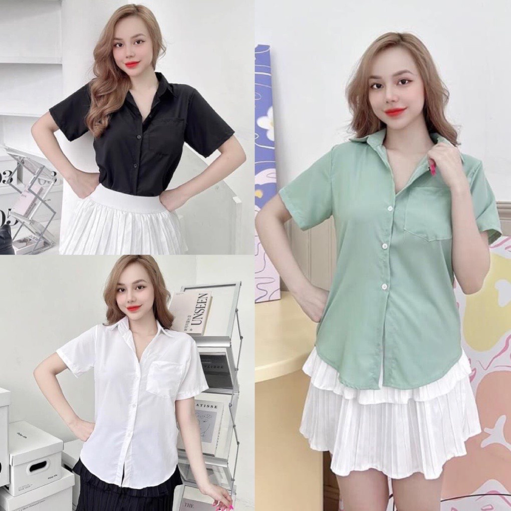 Áo sơ mi ngắn tay trơn 1 túi- sơ mi nữ basic về 3 màu trắng, đen, xanh lá phong cách ulzzang hàn quốc
