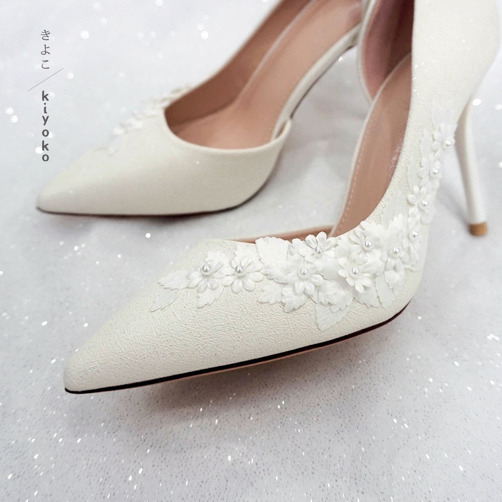 Giày cưới Kiyoko hở eo đính HOA TUYẾT ANH cao 9cm
