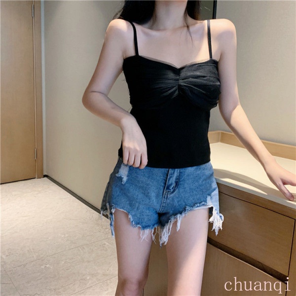 Áo hai dây dệt kim dáng ngắn phối lưới thời trang mùa hè mới cho nữ