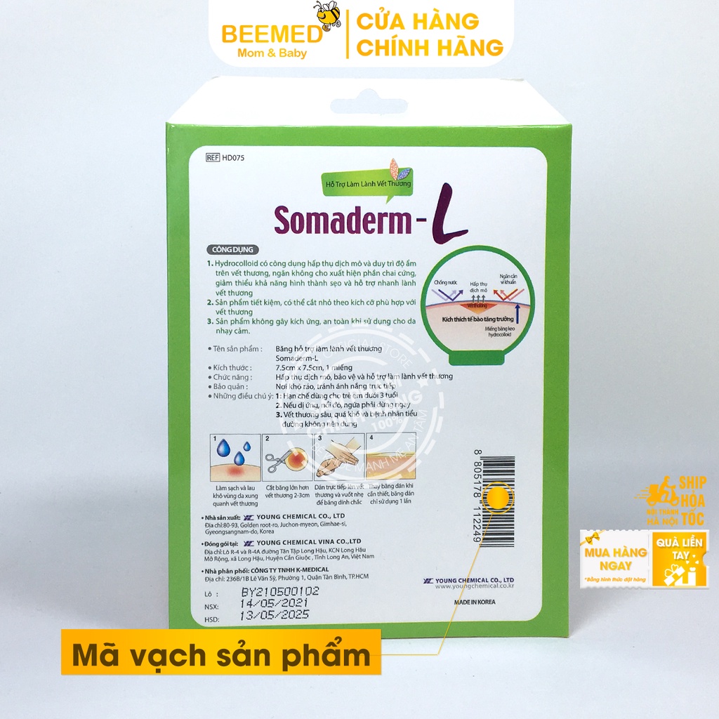 Miếng dán hút mụn, làm lành vết thương Somaderm từ Hàn Quốc, Hộp 1 miếng trong suốt có thể cắt nhỏ