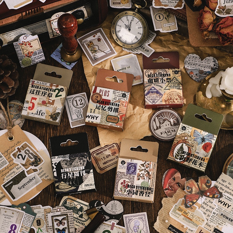 Hộp 46 chiếc sticker retro cổ điển vintage hoài niệm tem vũ trụ hoa lá trang trí bullet journal - Tanpopo