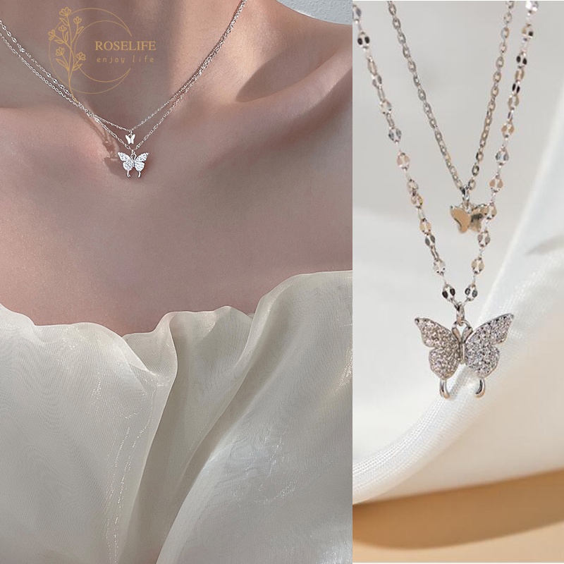 Vòng cổ Mạ Bạc Hai Lớp Mặt Hình Bướm Đính Đá Pha Lê Cho Nữ
