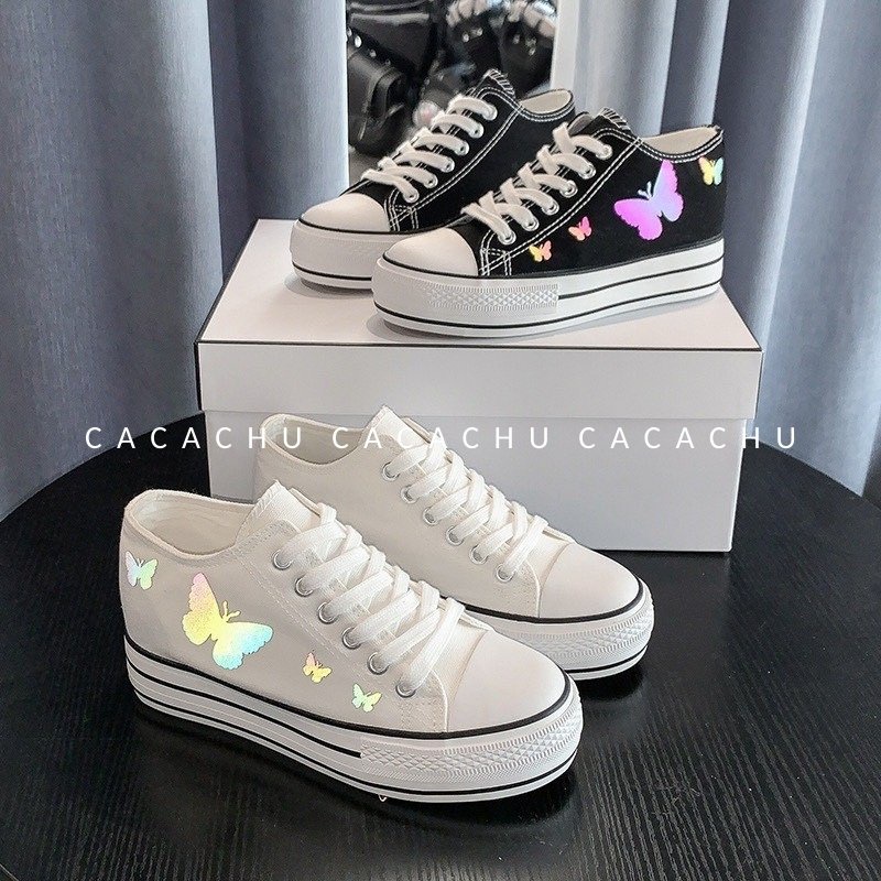 Giày thể thao nữ sneaker Cv đẹp độn đế in hình butterfly phản quang hot trend 2021 CACACHU G010, đế cao 5cm thời trang