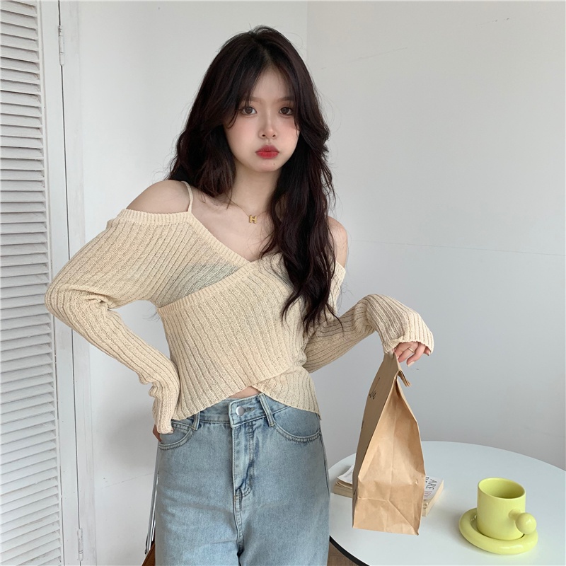 QKOOLE  Áo dệt kim tay dài cổ chữ V phong cách Hàn Quốc cho nữ