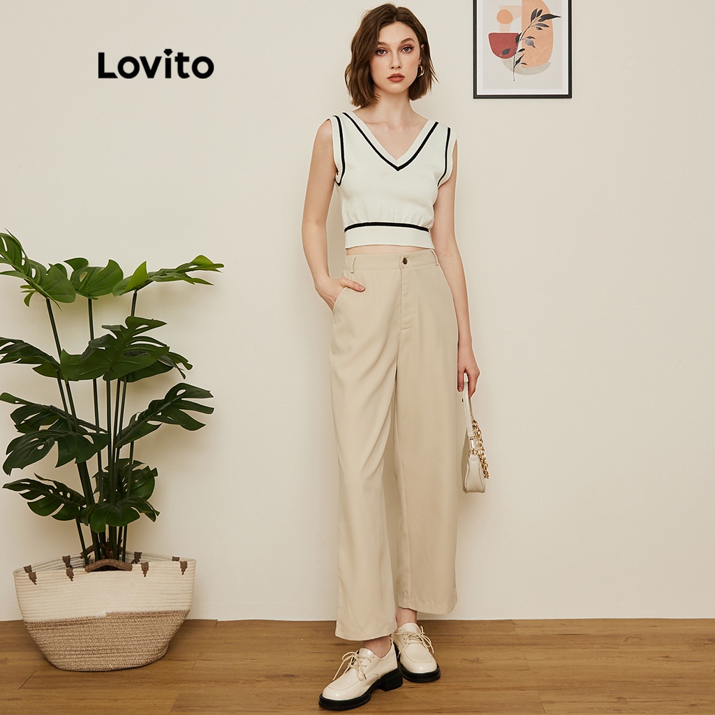 Áo dệt kim Lovito dáng ngắn cổ chữ V phối đường viền tương phản màu trơn phong cách preppy L19D042 (Trắng/Xanh hải quân)