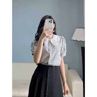 Áo kẻ caro cổ sen