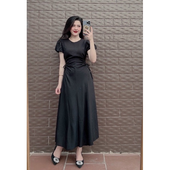 ĐẦM MIDI 4 MẢNH RÚT EO HÔNG CỔ TRÒN 3 MÀU