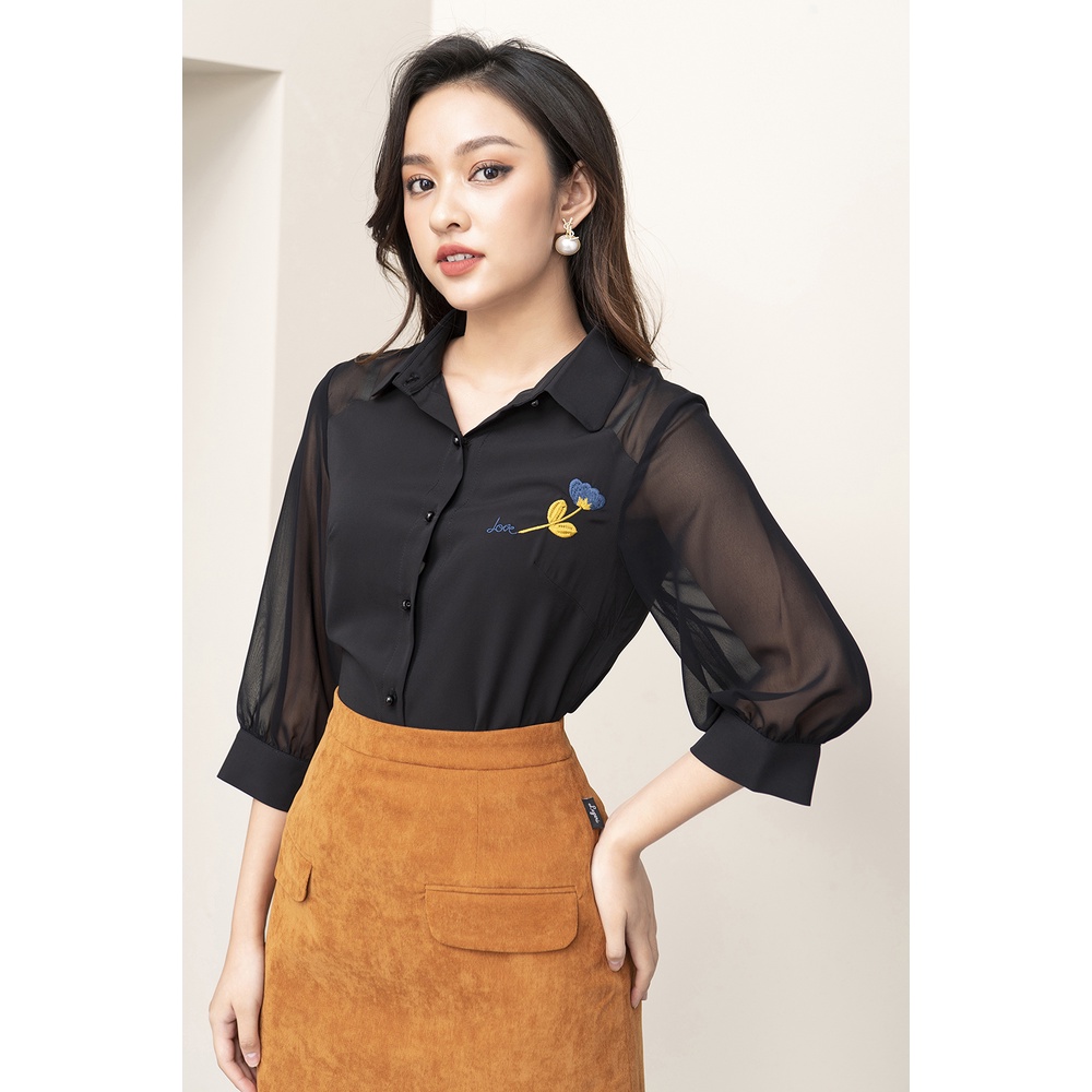 Áo Sơ Mi Phối Tay Voan Thêu Hoa Trước Luperi LFSM1185