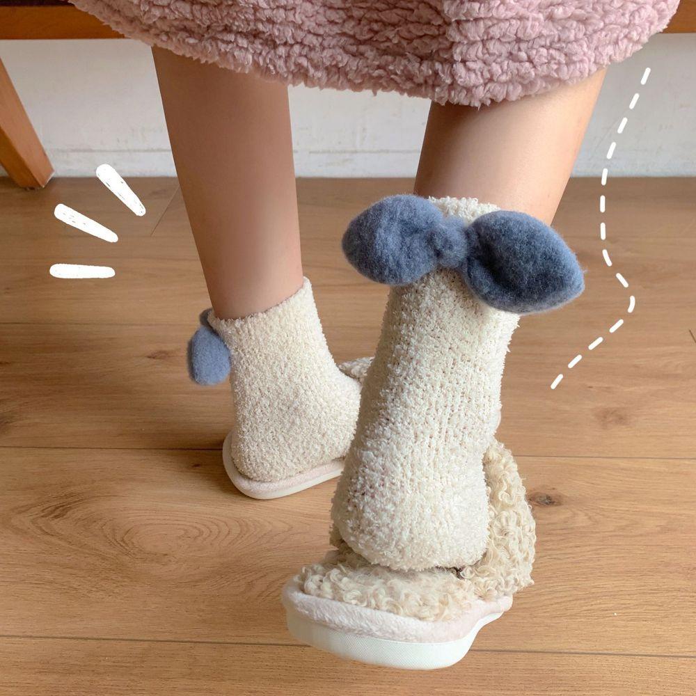 Vớ Ngủ Vải Lông Cừu San Hô Màu Trơn Đính Nơ Dễ Thương Cho Bạn Gái