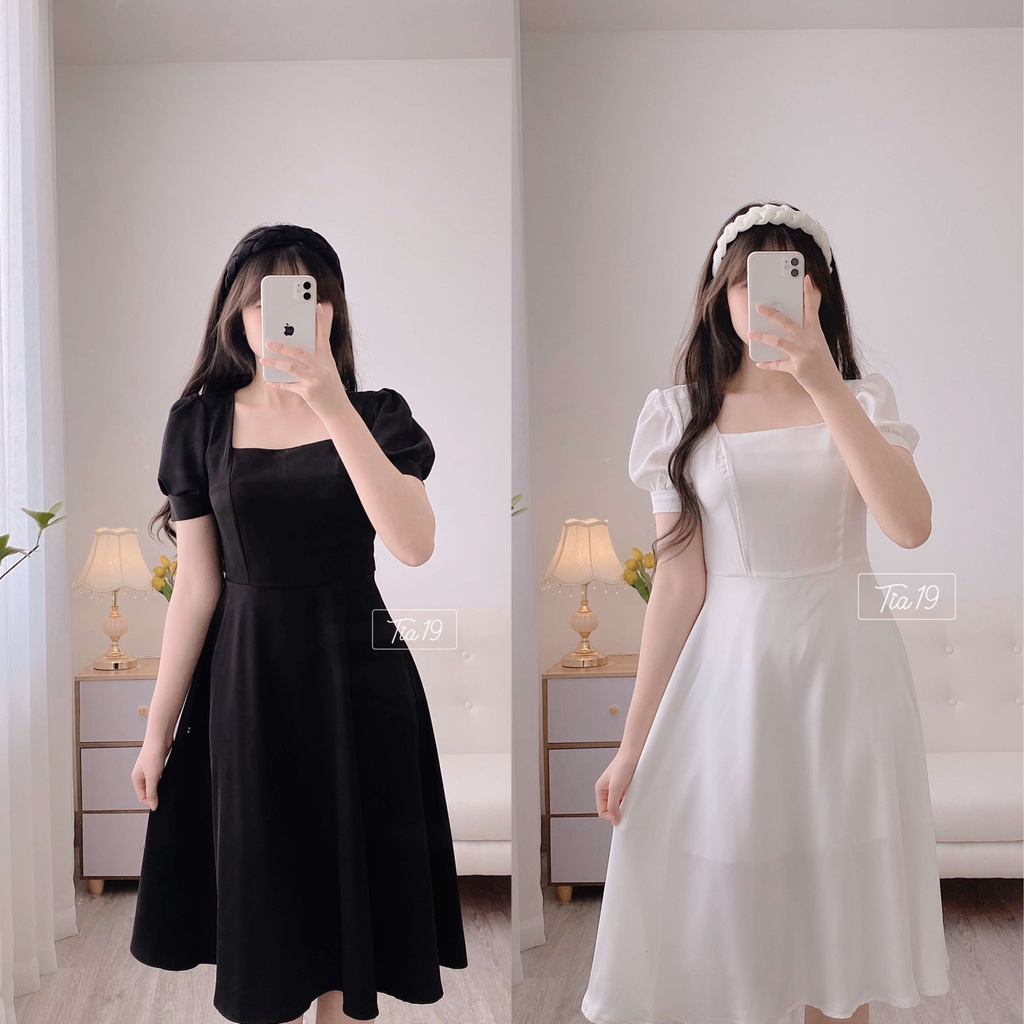 Váy vintage cổ vuông cộc tay Tia19. Đầm vintage cộc tay (ảnh thật).