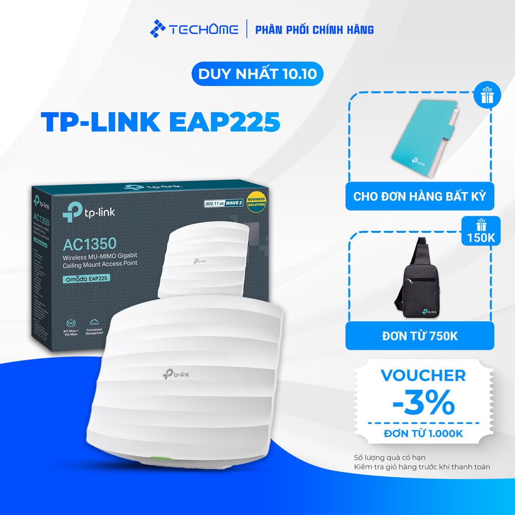 Thiết Bị Phát Wifi Gắn Trần Access Point TP-LINK EAP225 Wifi Gigabit MU-MIMO AC1350 Băng Tần Kép