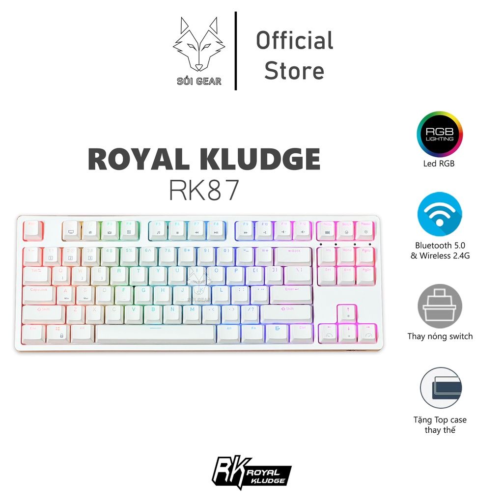 Bàn phím cơ không dây Royal Kludge RK87 HOTSWAP, Led RGB, TKL, Type C, Bluetooth 5.0, Wireless 2.4G, Màu trắng