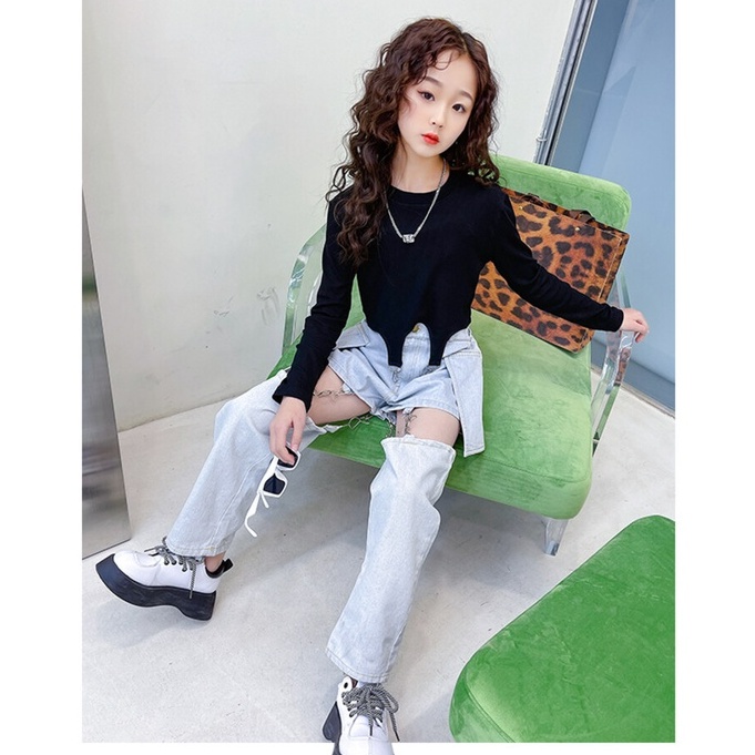 Bộ thời trang cho bé gái Áo phông dài tay cổ tròn + Bộ quần jean 5-6 tuổi 6-7 tuổi 7-8 tuổi 8-9 tuổi 9-10 tuổi 10-11 tuổi 11-12 tuổi 12-13 tuổi 13-14 tuổi