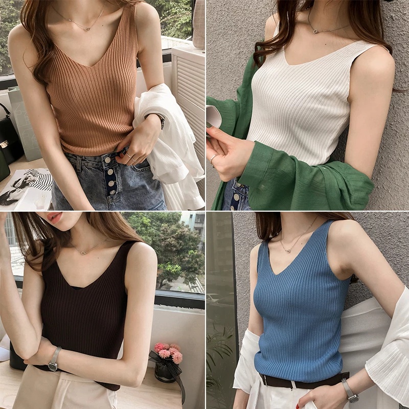 Áo Dệt Kim Sát Nách Cổ Chữ V Màu Sắc Thanh Lịch