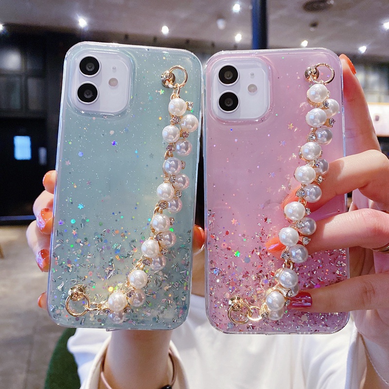 Ốp Điện Thoại Mềm Đính Ngọc Trai Lấp Lánh Chống Sốc Kèm Dây Đeo Tay Cho iPhone 12 13 Pro Max 13