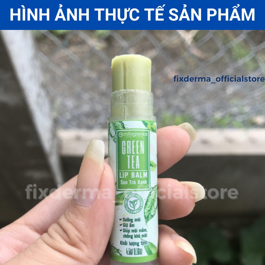 Son dưỡng tẩy tế bào chết dưỡng ẩm son dưỡng môi trà xanh Milaganics (Thỏi 4.5g) Fixderma Chính Hãng