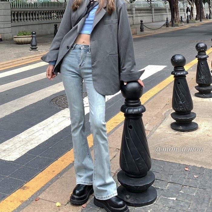 210813 Quần loe dáng dài, quần jeans loe ulzzang vintage 2 màu xanh nhạt, xanh đậm.