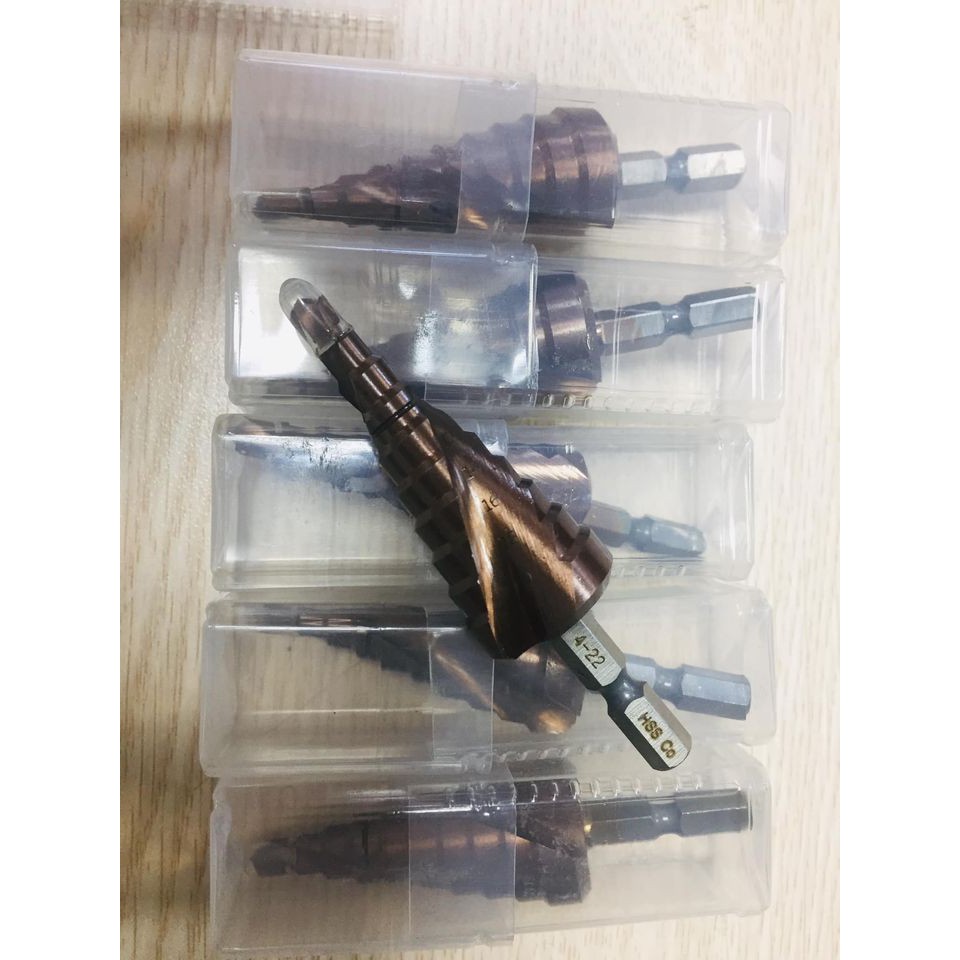Mũi Khoan Bước Tháp 4-22 Chuôi Lục Giác Thép HSS Co Phủ Cobalt 4-20 Các Kích Thước Chuyên Sắt, Thép, Inox,...
