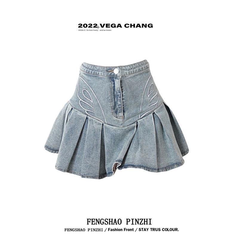 Chân Váy Denim Xếp Ly Lưng Cao Dáng Rộng Thiết Kế Mới Thời Trang Mùa Hè Cho Nữ