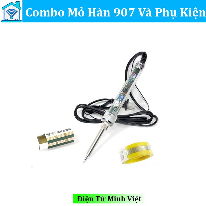 Combo Mỏ Hàn 907 220V-60W Và 7 Món Phụ Kiện (Kẹp Linh Kiện, Kệ Hàn, Bọt Biển, 3 Cuộn Thiếc, Nhựa Thông)