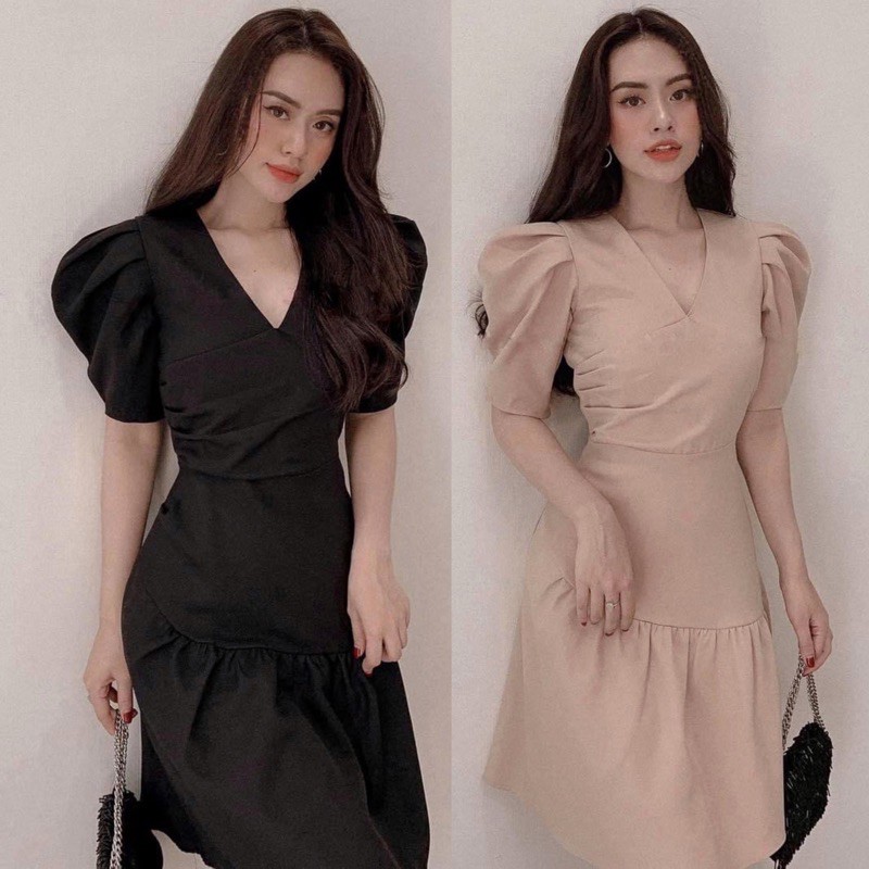 [Mã WASTMAY giảm 15% tối đa 30K đơn 150K] Đầm tay bồng cổ đắp chéo tùng bèo