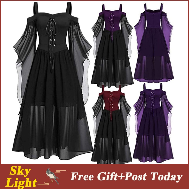 Đầm Chữ A Hóa Trang Phù Thủy Hở Vai Phối Lưới Phong Cách Gothic Thời Trang Dự Tiệc Halloween Cho Nữ