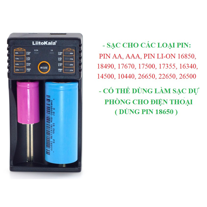 Sạc Đa Năng Siêu Nhanh LiitiKala Cho Pin AA, AAA, 18650, 14500, 18350,26550... Kèm 2 pin Ultrafire 3.7V 18650 4200 mAh