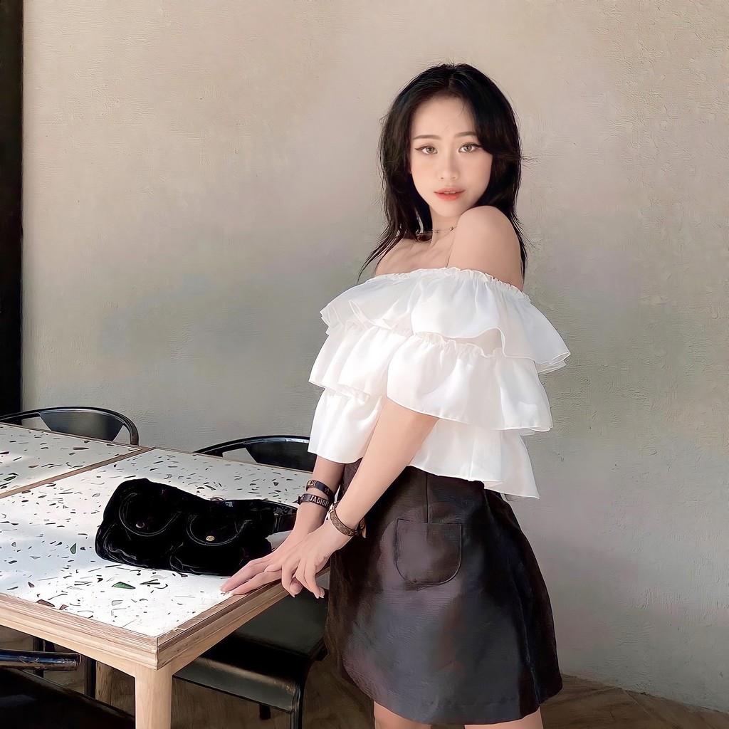 Áo trễ vai croptop 3 tầng đũi chống nhăn co dãn trắng tingoan BOY BYE OFF/WH
