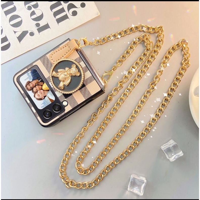 Ốp Samsung Z Flip 3 / Z Flip 4 kèm popsocket gấu và dây xách lụa/ngọc Z Flip3 / ZFlip3 / Z Flip4/ ZFlip4