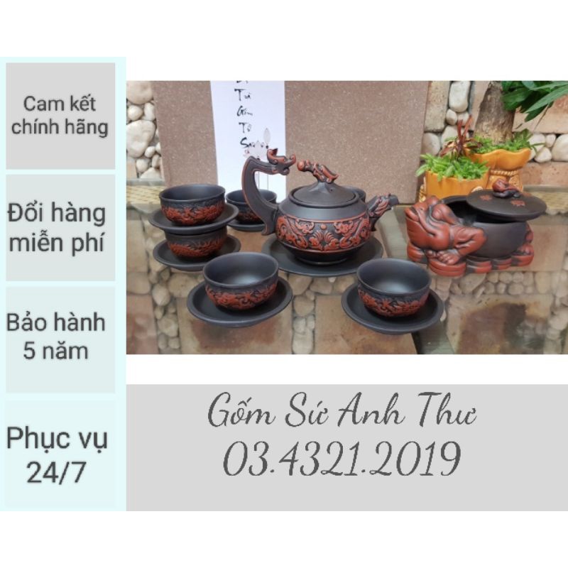 Ấm chén Tử sa- đất đỏ Bát Tràng,giá nhà lò hàng chuẩn 100%.bộ Rồng nhả ngọc