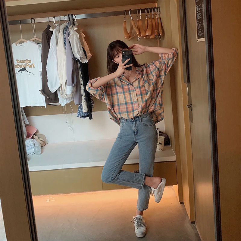 Áo khoác sơ mi mỏng dáng rộng sọc caro phong cách Hàn Quốc thời trang mùa hè dành cho bạn nữ