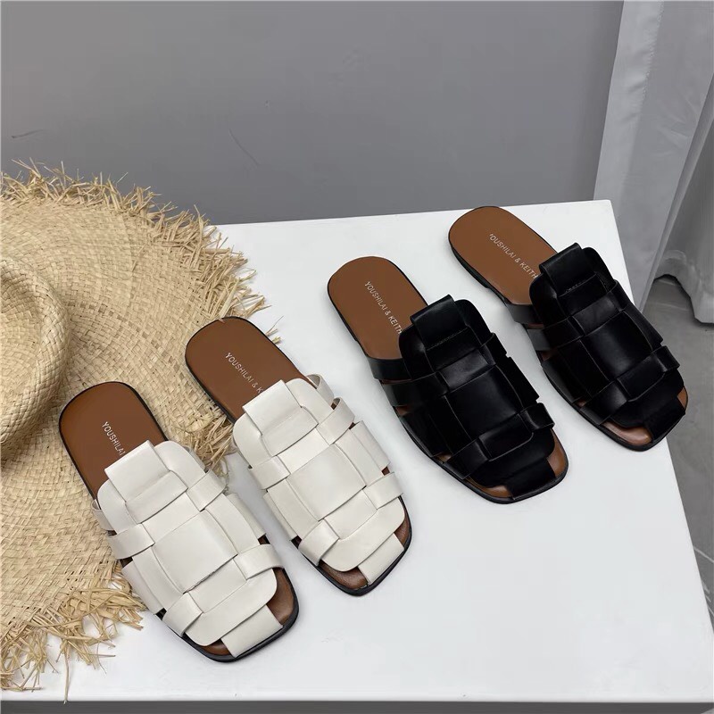 Giày sục nữ thời trang dáng đan rọ mũi vuông đế bằng bệt hot trend kiểu mới xinh đẹp da mềm công sở màu đen/trắng/kem