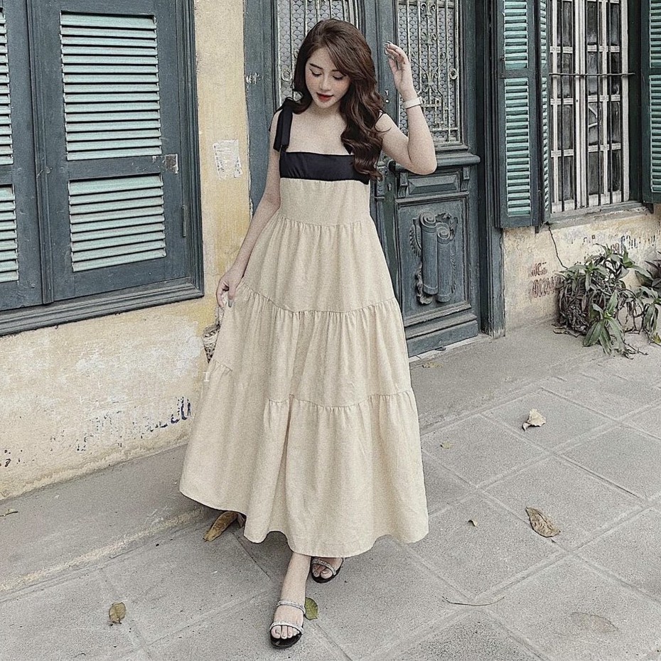 Đầm Suông Trơn 2 Dây Phối Nơ Vai Váy Đũi Tầng