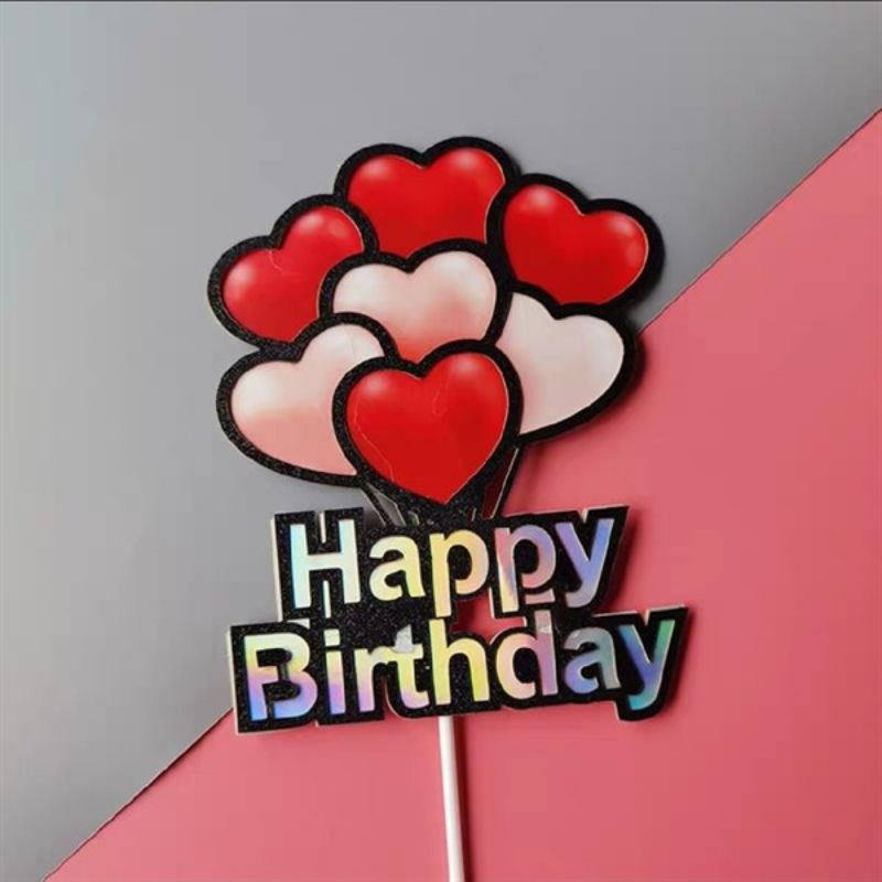 Que cắm HPBD 2 Tim Xanh Hồng Que cắm I love You Chùm Bóng Phụ kiện trang trí Bánh kem Bánh Sinh Nhật