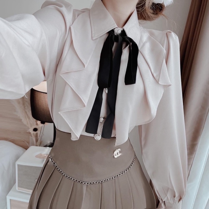 Áo sơ mi tiểu thư phối dây nơ_888 mầu trắng, babydoll ulzzang mềm nội y xanh