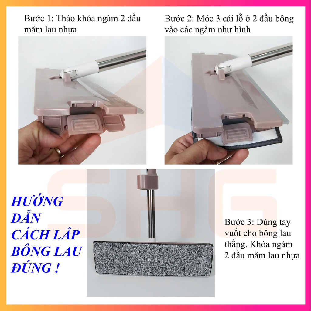 CÂY LAU NHÀ TỰ VẮT CÓ MIẾNG GẠT NƯỚC TIỆN DỤNG, KÍCH THƯỚC BÀN LAU 12X38 CM, DÙNG BÔNG GÀI 2 ĐẦU