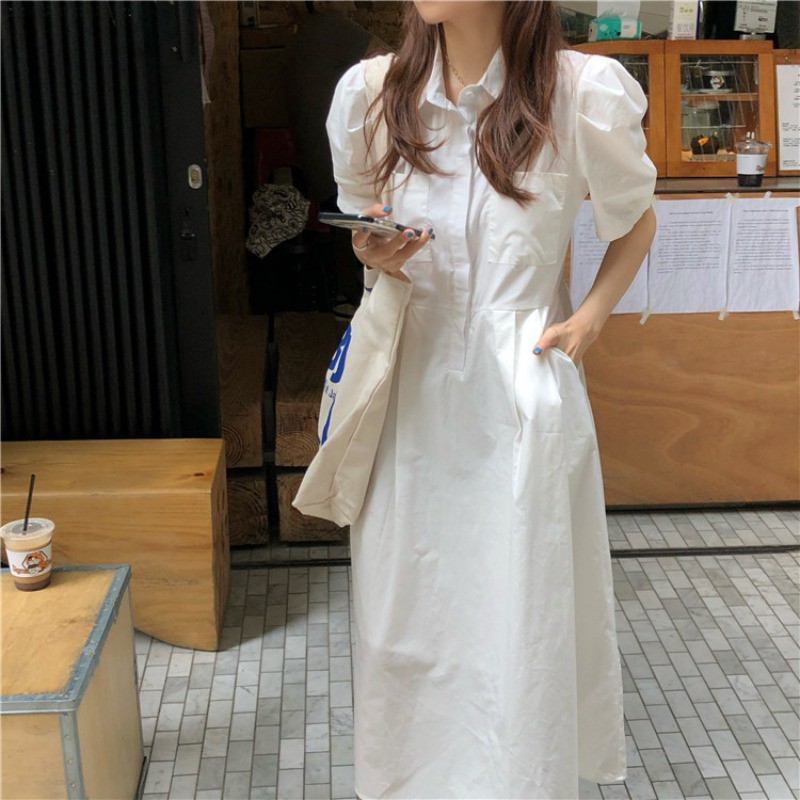 Đầm Midi Trắng Dáng dài Form chữ A Ngắn tay Form rộng Cổ sơ mi Ulzzang Hàn Quốc Váy Midi dài Tay bồng Thời trang