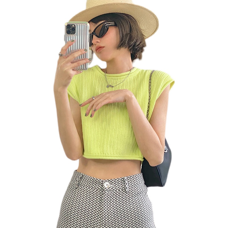 Áo Croptop Dệt Kim Không Tay Cổ Tròn Dáng Rộng Màu Xanh Lá Huỳnh Quang Thời Trang Mùa Hè Dành Cho Bạn Nữ