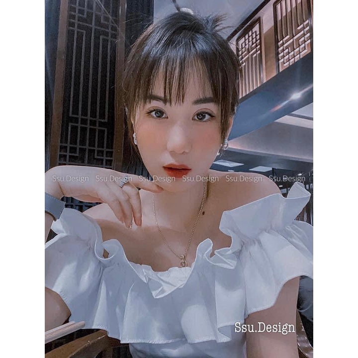 Áo kiểu Bẹt Vai CropTop Bèo Ngực Vải Von Dày Dặn Đẹp