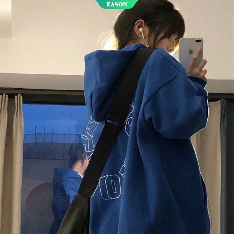 Áo Hoodie Dáng Rộng Đơn Giản Phong Cách Đường Phố Mỹ Mới Mùa Thu Kích Thước Lớn Màu Xanh Dương Cho Nữ