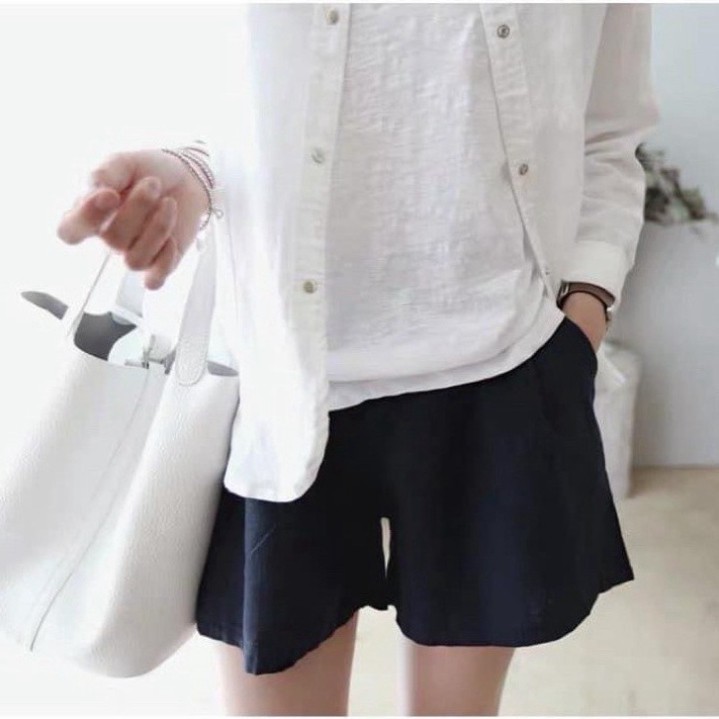 Quần Shorts đùi nữ chất Đũi cuộn thoáng mát 3 màu đen,trắng, beQuần Shorts nữ ngắn chất đũi rộng lưng chun xếp ly xòe