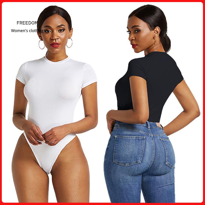 freedom  Bộ bodysuit tam giác gợi cảm Âu Mỹ, phụ nữ mùa hè mặc áo thun trơn màu ngắn tay