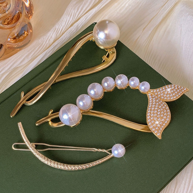 Kẹp Tóc Kim Loại Đính Hạt Ngọc Trai Phong Cách Hàn Quốc