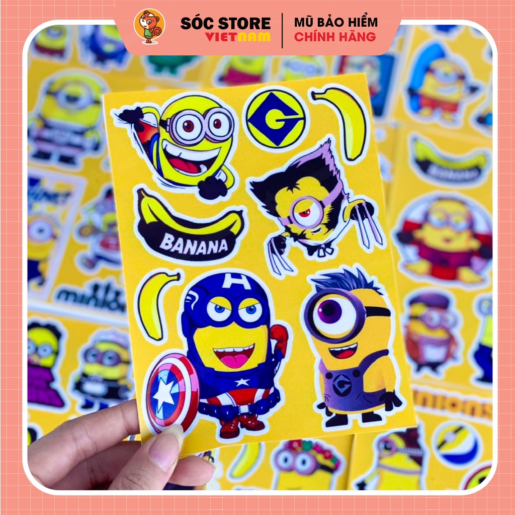 Sticker Minions Sóc Store chống nước custom, dán trang trí mũ bảo hiểm nửa đầu, nón bảo hiểm 3 phần 4