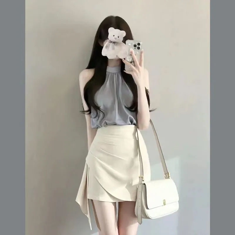 Váy dài  chân váy xếp ly  Bộ Áo Hai Dây Phối Chân Váy Ngắn Phong Cách Pháp Cổ Điển Thời Trang Mùa Hè Hàng Mới