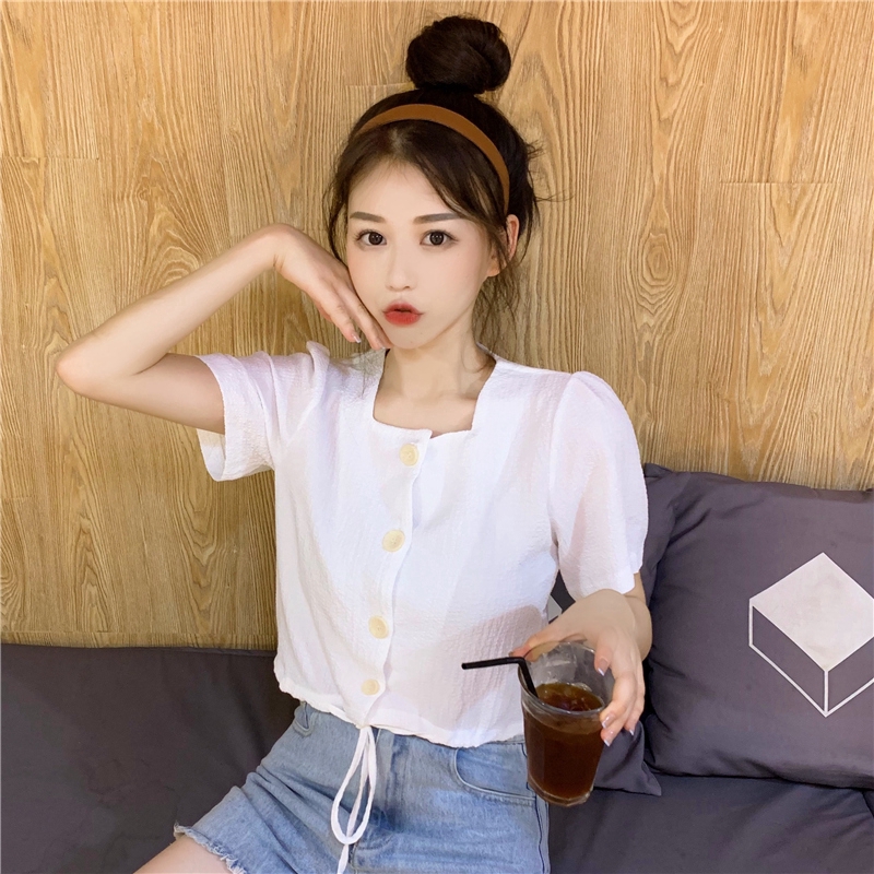 SUXI Áo Kiểu Tay Ngắn Phối Dây Rút Thiết Kế Thanh Lịch Tao Nhã Cho Phái Nữ