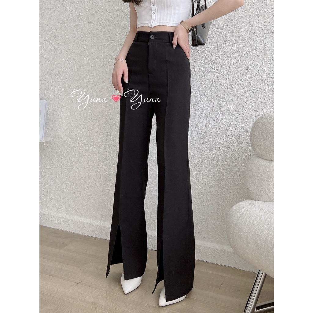 Quần ống loe nữ YUNA màu đen xẻ gấu cạp cao chất liệu tuyết mưa cao cấp siêu hách dáng, thời trang nữ YUNA