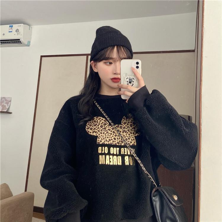 Áo sweater vải nhung lông cừu dày dáng rộng in hình Mickey dễ thương phong cách Hàn Quốc thời trang thu đông